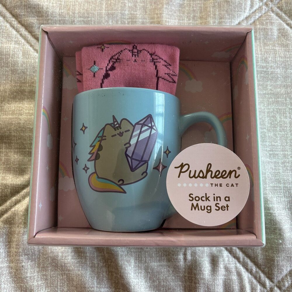 NIB Pusheen Unicorn Crystal Sock in a Mug Set 18oz Ceramic Cup Crew Socks 2023
